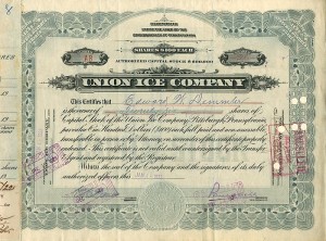 Union Ice Co. - 1922 dated Stock Certificate - Very Rare Topic